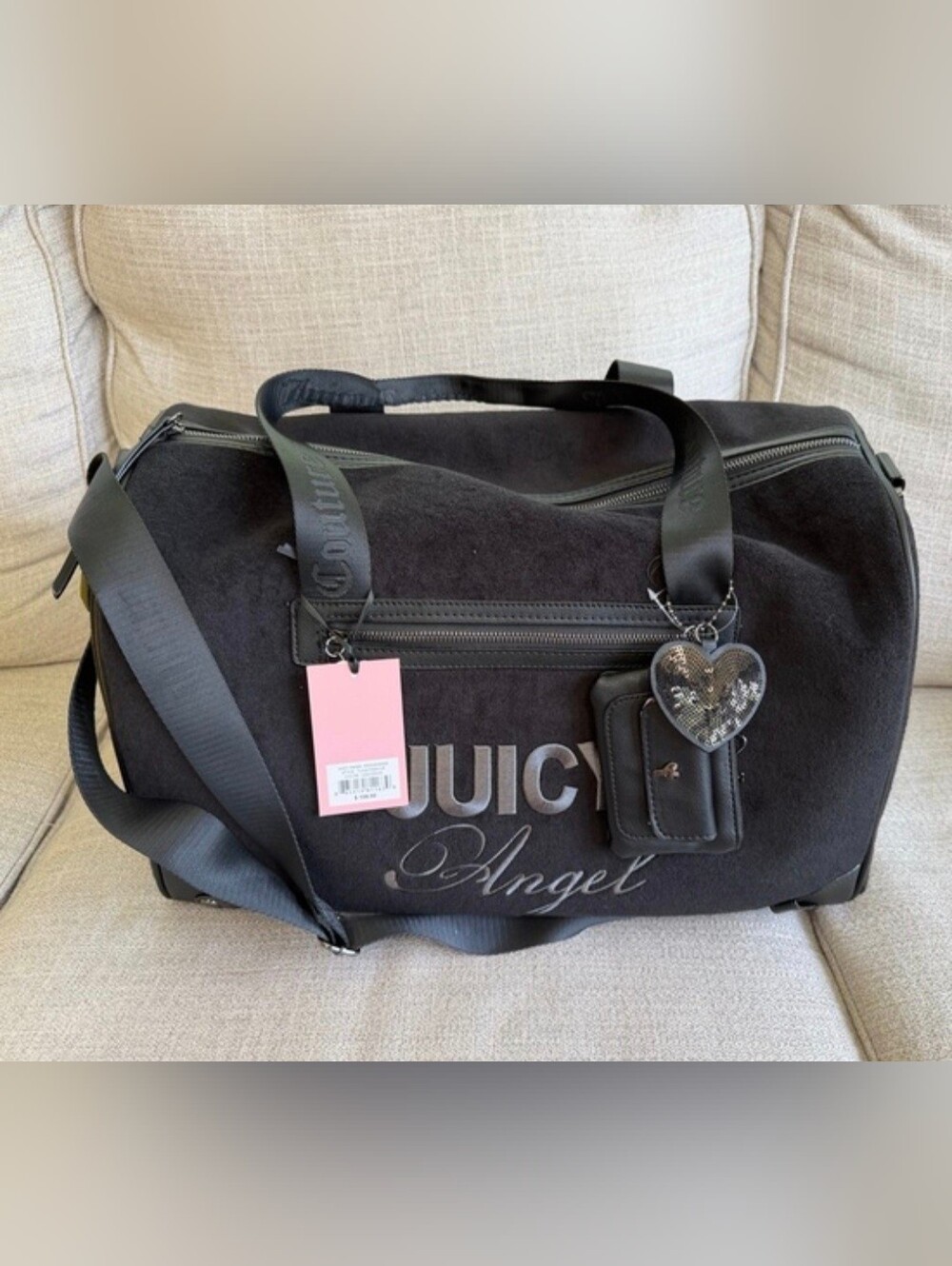 HTF Juicy Couture Black 'Juicy Angel' Duffle Bag With Sequin Hearts!♡
